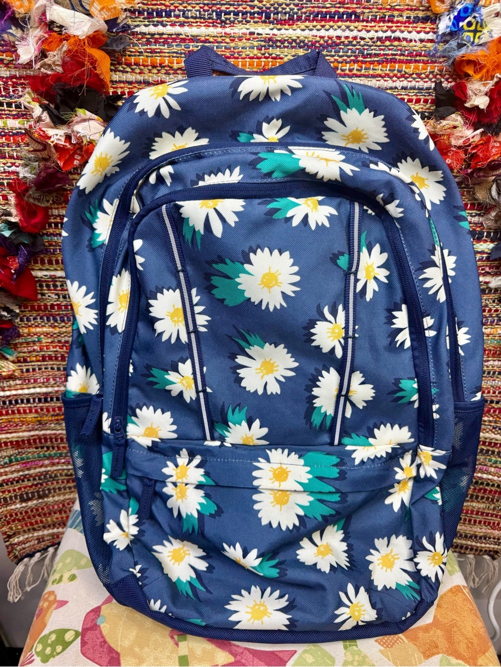 Lands' End Navy Daisy Print Backpack
